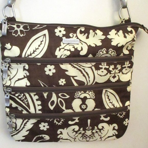 Baggallini Crossbody Bag Travel Organizer Purse Triple Zip, Brown Cream Print - Picture 5 of 16
